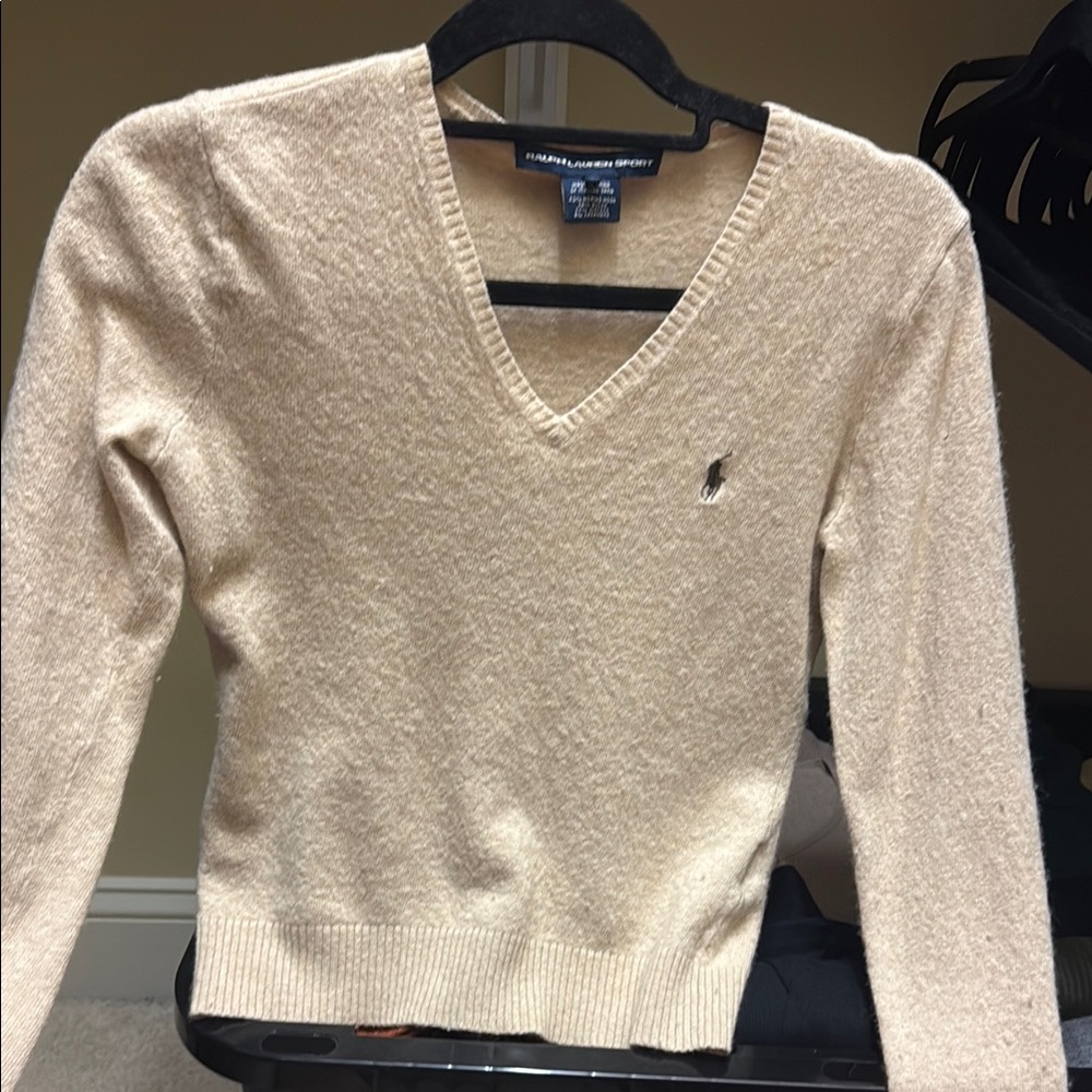 Ralph Lauren Cream V-Neck Sweater with Classic Knit Design